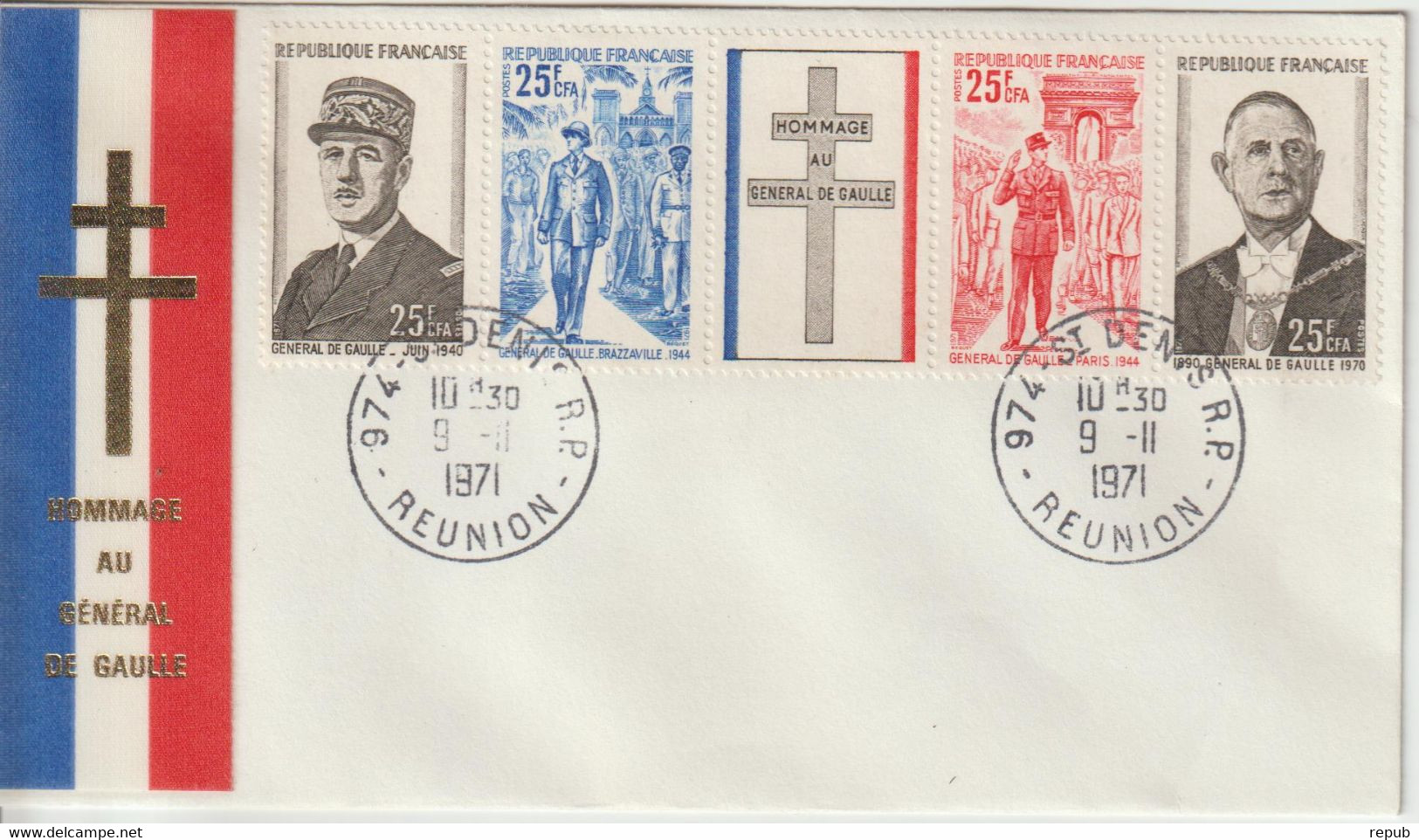 Réunion FDC 1971 C De Gaulle Bande 403A - Briefe U. Dokumente
