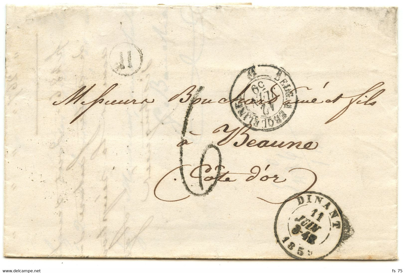 BELGIQUE - CAD DINANT + BOITE H SUR LETTRE AVEC TEXTE DE MOULINES POUR LA FRANCE, 1859 - 1830-1849 (Belgica Independiente)