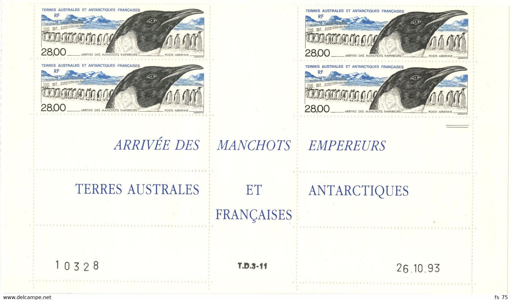 T.A.A.F. - PA 133 - 28F ARRIVEE DES MANCHOTS EMPEREURS - BLOC DE 4 COIN DATE 26.10.93 - Unused Stamps