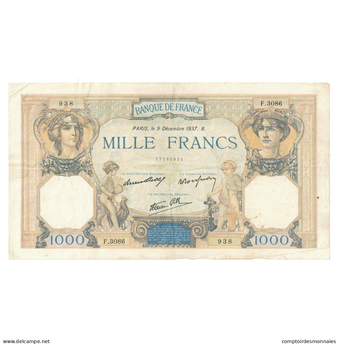 France, 1000 Francs, Cérès Et Mercure, 1937, F.3086, TTB+, Fayette:38.6 - 1 000 F 1927-1940 ''Cérès Et Mercure''