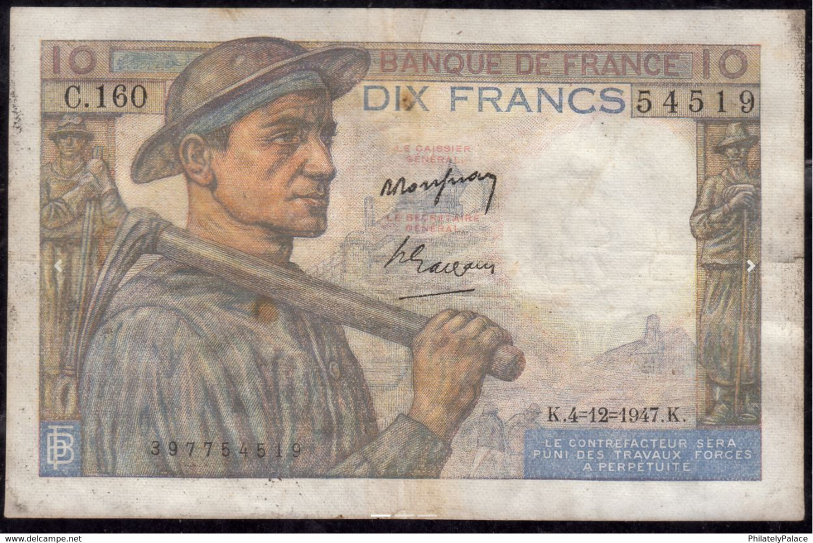 FRANCE 1947 France Peasant 10 Francs Minor "Woman Holding Baby And Hoe Facing Left. Cows And Village In Background" - 10 F 1963-1973 ''Voltaire''