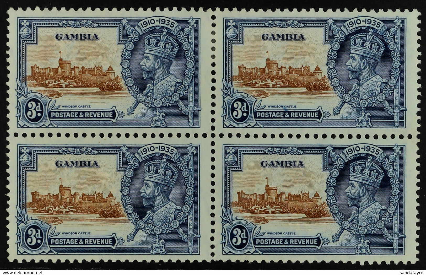 1935 SILVER JUBILEE VARIETY. 3d Brown & Deep Blue, Block Of 4, Lower Left Stamp With 'SHORT EXTRA FLAGSTAFF' Variety, SG - Gambia (...-1964)