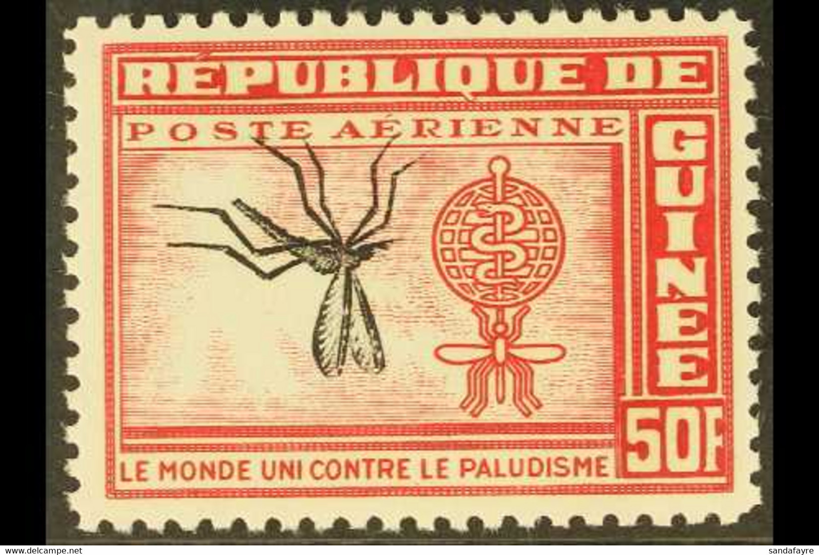 1962 INVERTED CENTRE. 50f Carmine-rose & Black Malaria Eradication With INVERTED CENTRE (MOSQUITO) Variety (as Scott C30 - Guinea (1958-...)