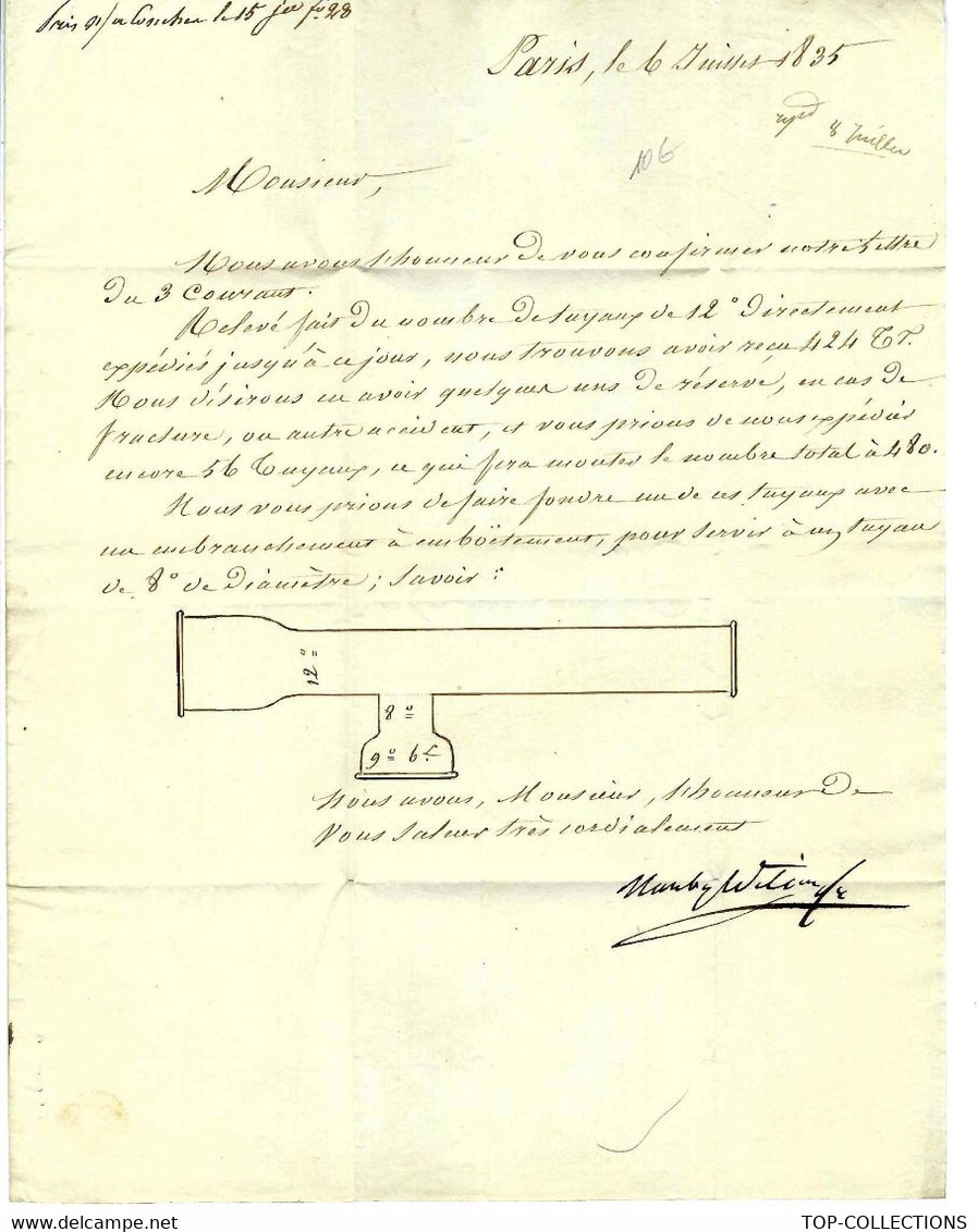 1835 De Paris Lettre Signée Marque Postale Bureau De La Maison Du Roi  COMMANDE DE TUYAUX DESSIN SUR LA LETTRE - Documents Historiques