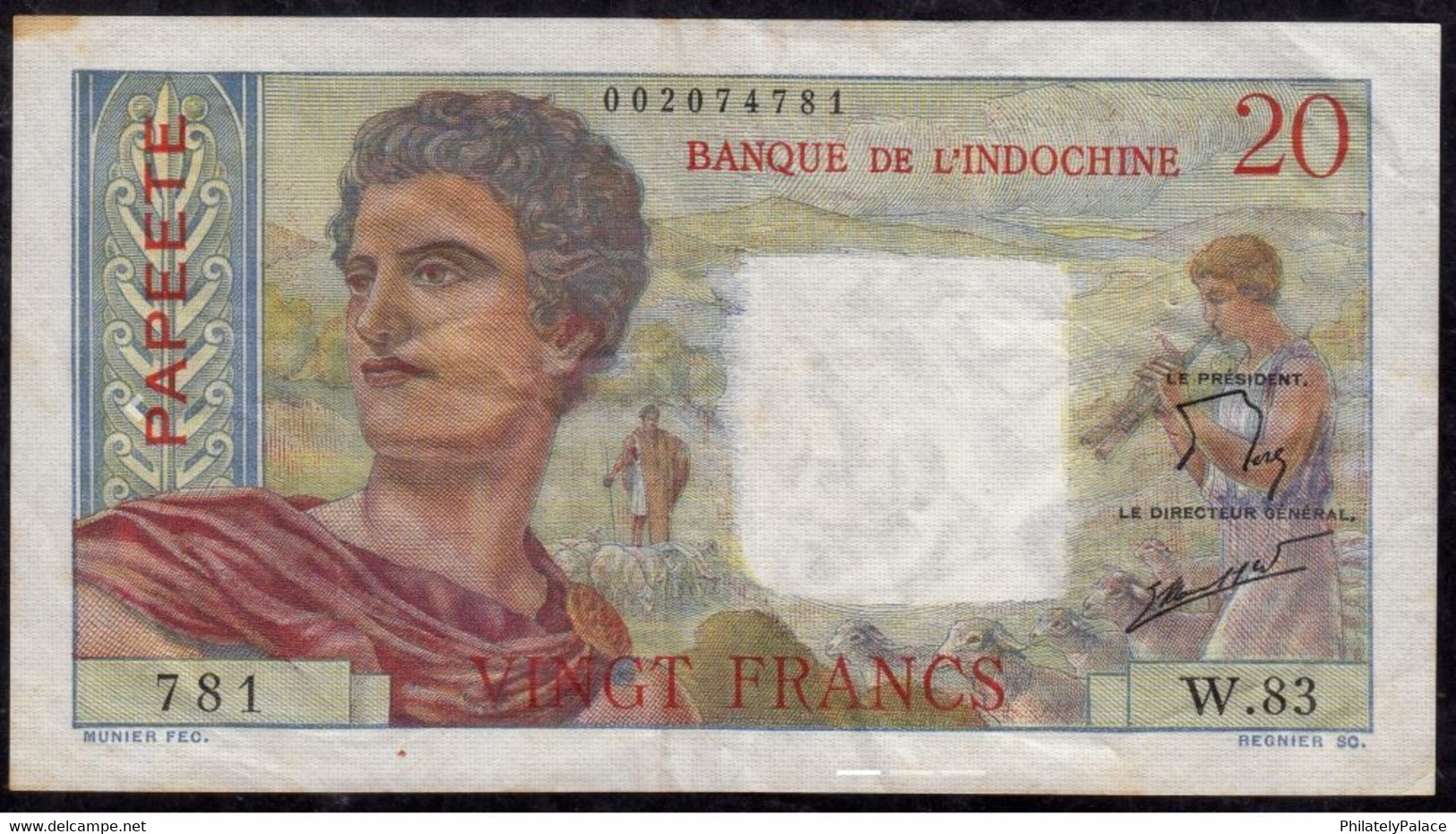 FRENCH 1951 Tahiti (French Polynesia) 20 Francs Papeete Overprint "Man With A Red Toga And Brooch & Portait  - VERY RARE - Autres & Non Classés