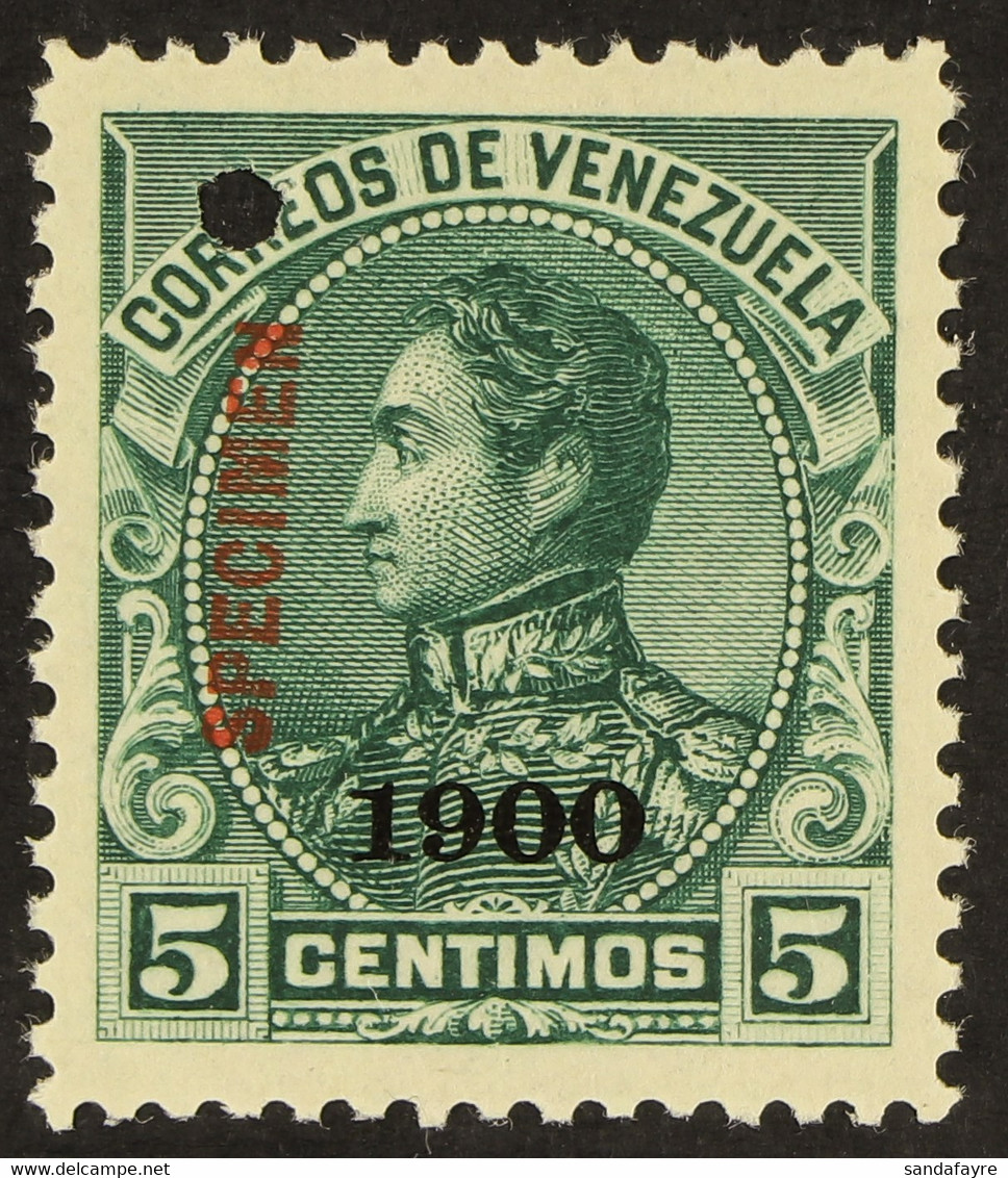 1900 5c Blue-green Bolivar With '1900' Overprint And With 'Specimen' Overprint In Red (Scott 156, SG 214), Never Hinged  - Venezuela