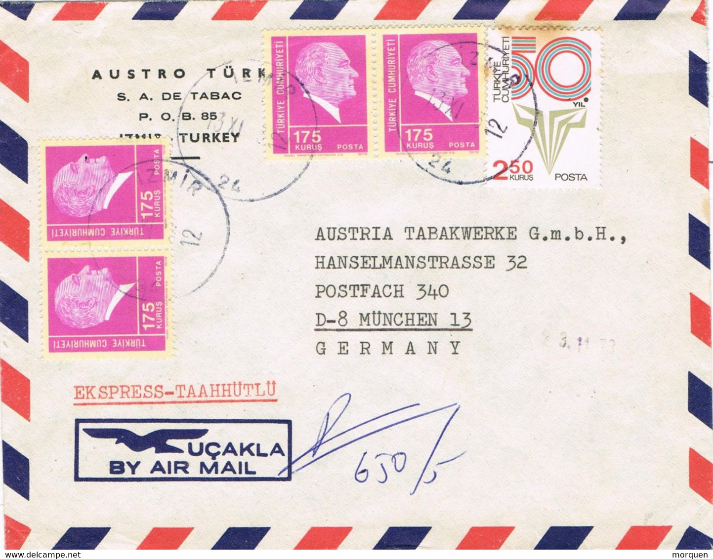 45523. Carta Expres Aerea IZMIR (Turquia) 1993, To Germany. Comercial TABAC - Covers & Documents