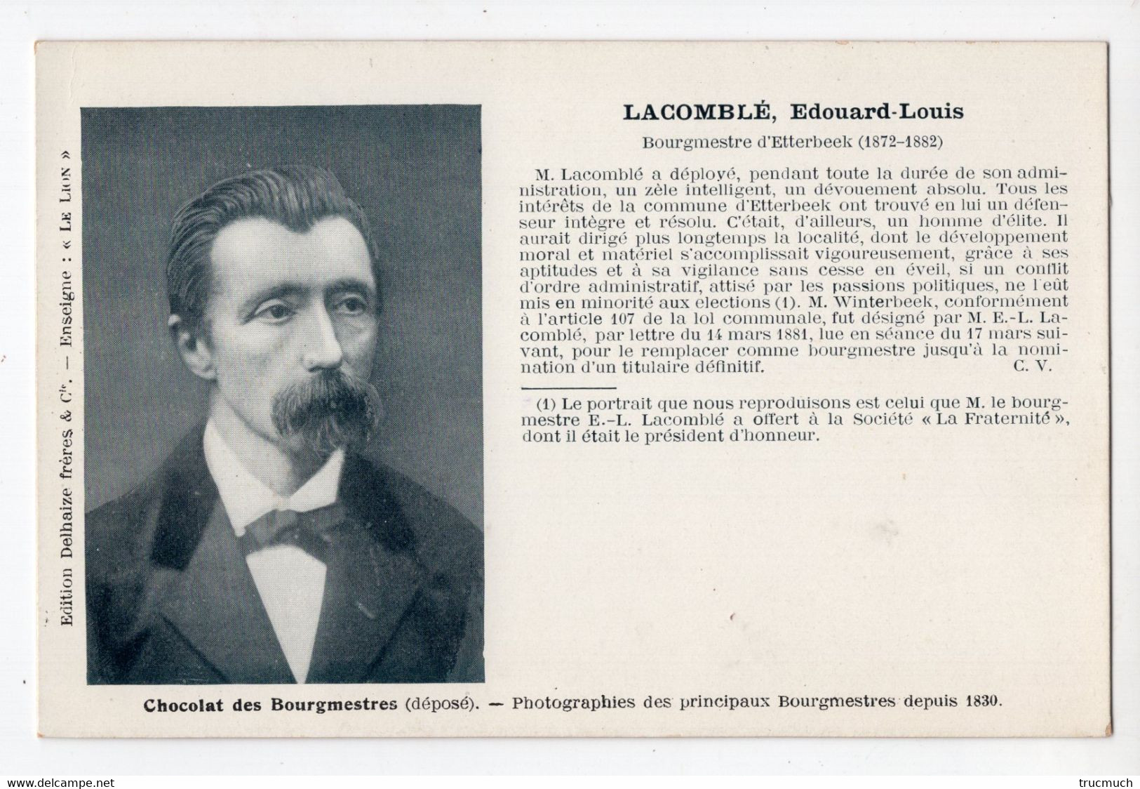 3 - LACOMBLE Edouard, Bourgmestre D'ETTERBEEK (1872 - 1882) - Etterbeek