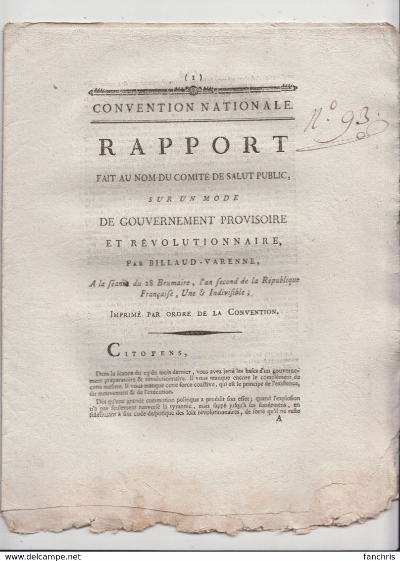 Convention Nationale- RAPPORT Fait Au Nom Du Comité De Salut Public -Mode Gouvernement Provisoire Et Révolutionnaire -Bi - Documenti Storici