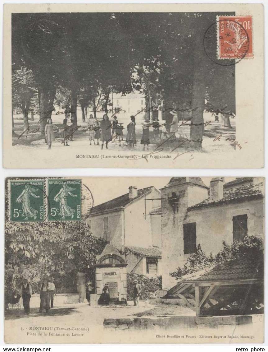 2 Cpa Montaigu - Place De La Fontaine Et Lavoir / Les Promenades - Montaigu De Quercy