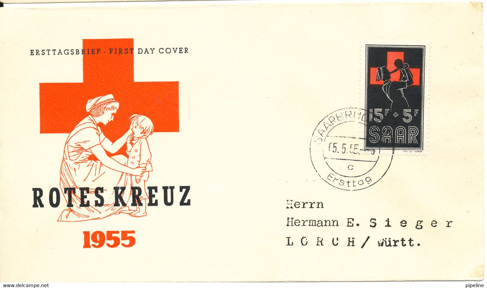 Saar FDC 5-5-1955 Red CROSS With Cachet - FDC