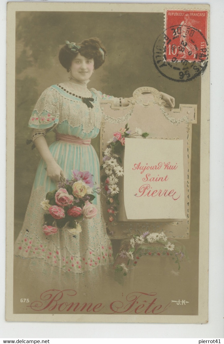 FEMMES - FRAU - LADY - PRENOMS - Jolie Carte Fantaisie Portrait Jeune Femme Et Fleurs "Bonne Fête" SAINT PIERRE - Prénoms