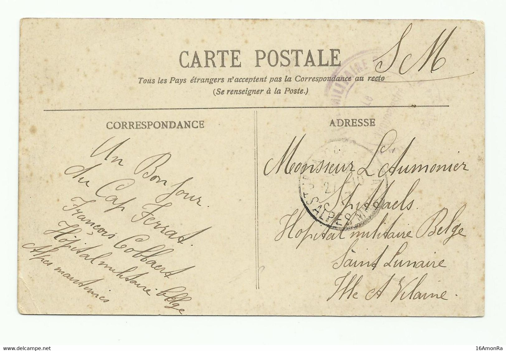 C.P. De SAINT-JEAN CAP FERRAT Le 27-10-1917 En S.M. + Dc Violet HOPITAL MILITAIRE BELGE Le Vaguemestre Vers Hopital Mili - Other & Unclassified