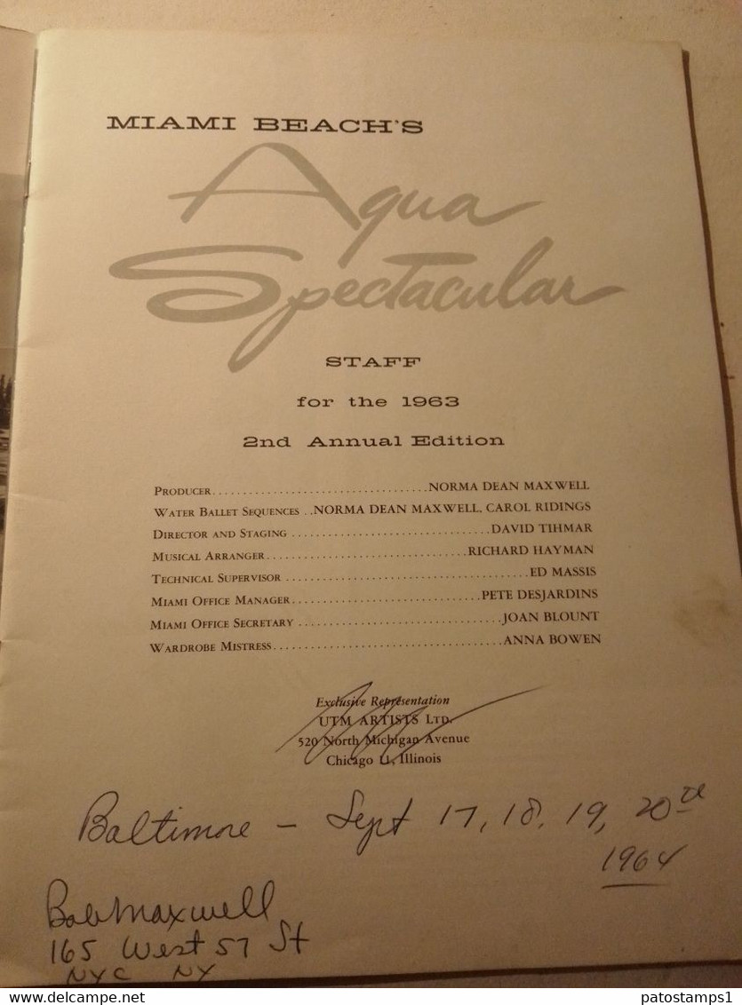 188578 US MIAMI BEACH SHOW AQUA SPECTACULAR YEAR 1963 STAFF & PROGRAMME NO POSTAL POSTCARD - Théâtre & Déguisements