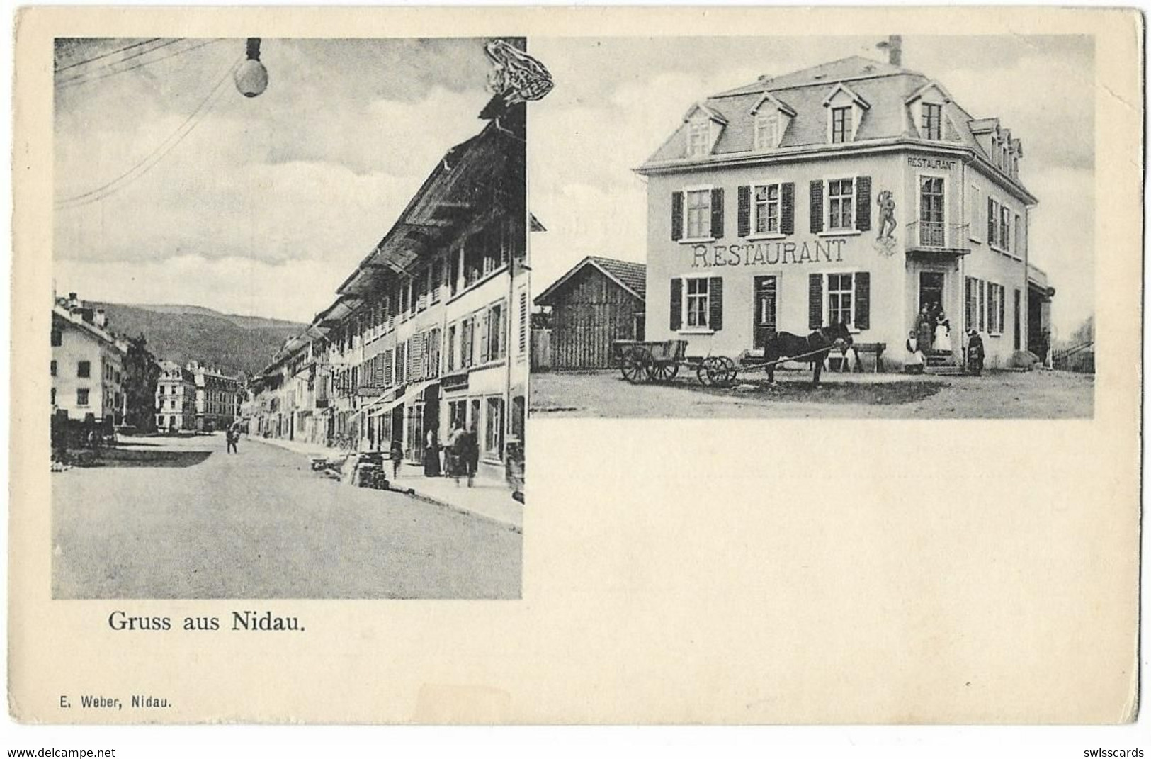 Gruss Aus NIDAU: 2-Bild-AK Mit Restaurant, Wirtefamilie, Pferdefuhrwerk ~1900 - Nidau