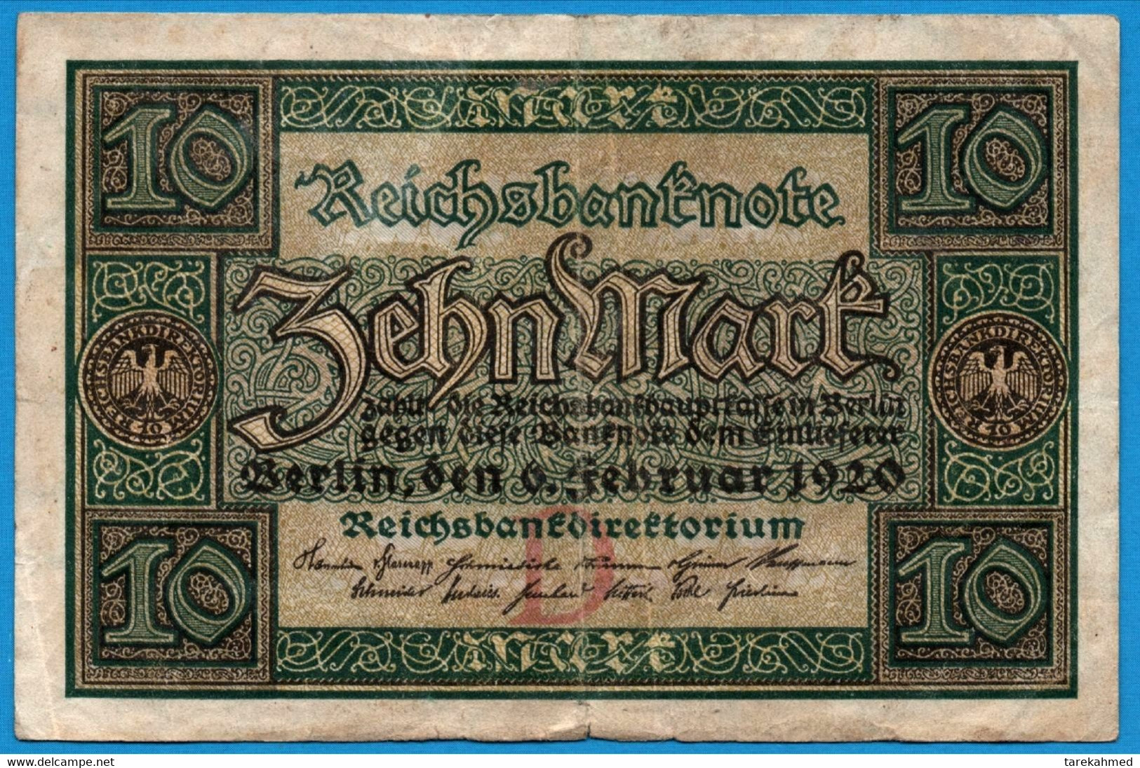 DEUTSCHES REICH , 10 MARK , 06.02.1920 LETTER D , P# 67a - 10 Mark