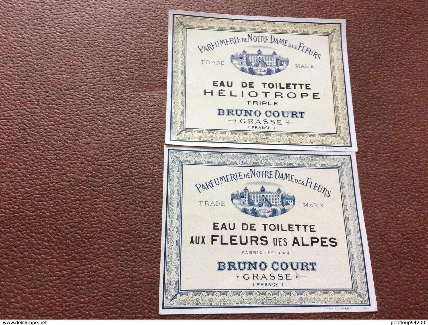 2 ETIQUETTES DE PARFUM  EAU DE TOILETTE  *Heliotrope  * Fleurs Des Alpes  BRUNO COURT  Grasse - Labels