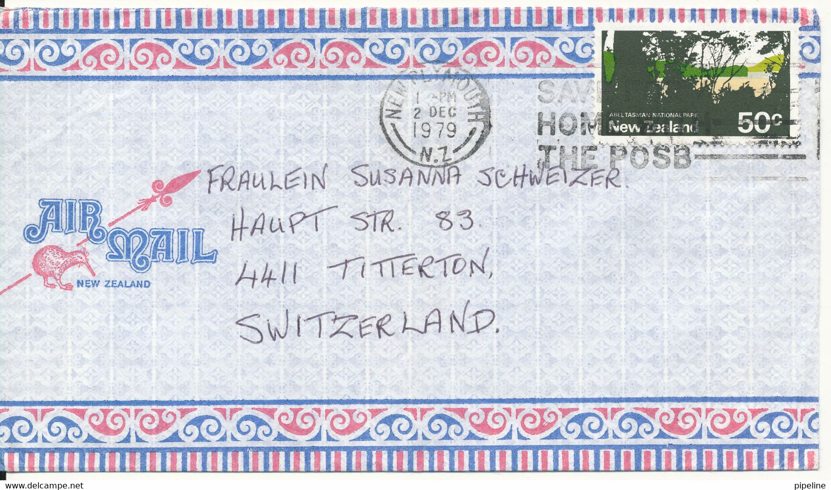 New Zealand Air Mail Cover Sent To Switzerland New Plymouth 2-12-1979 Single Franked (light Bended Cover) - Corréo Aéreo