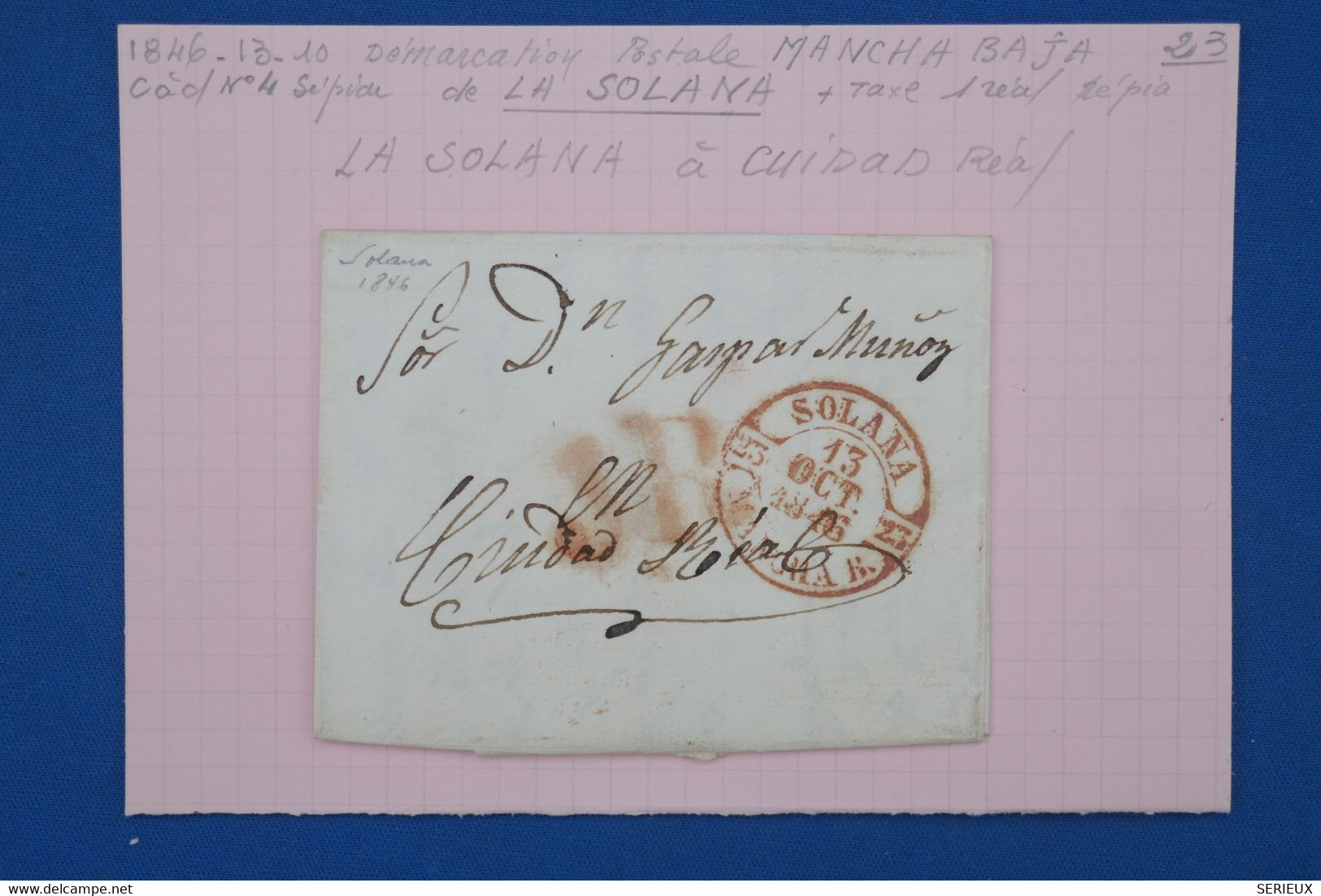 AX7 ESPANA BELLE LETTRE 1846 MANCHA BAJA LA SOLANA  POUR  CIUDAD REAL +C ROUGE ++ AFFRANCH. INTERESSANT - ...-1850 Prefilatelia