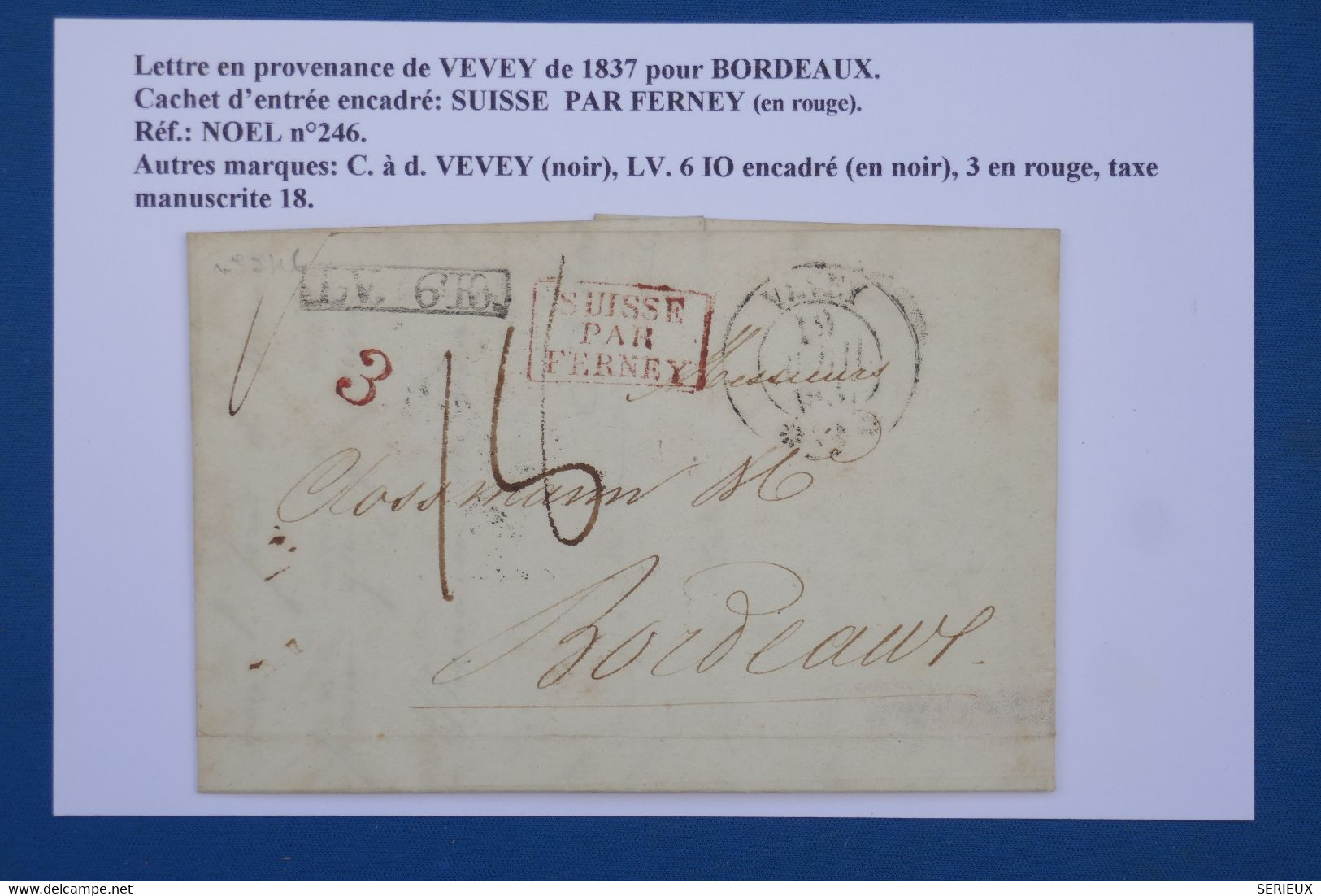 AX7 SUISSE BELLE LETTRE 1837 PETIT BUREAU VEVEY A  BORDEAUX FRANCE  +++C  ROUGE PAR FERNEY   ++++ AFFRANCH. INTERESSANT - ...-1845 Precursores