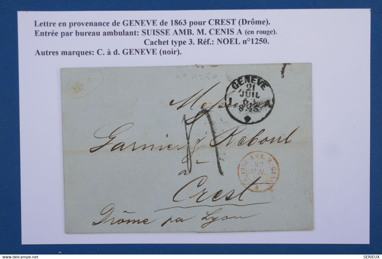 AX7 SUISSE   BELLE LETTRE 1863 GENEVE   A  CREST   FRANCE  +++C  ROUGE ++++ AFFRANCH. INTERESSANT - ...-1845 Vorphilatelie