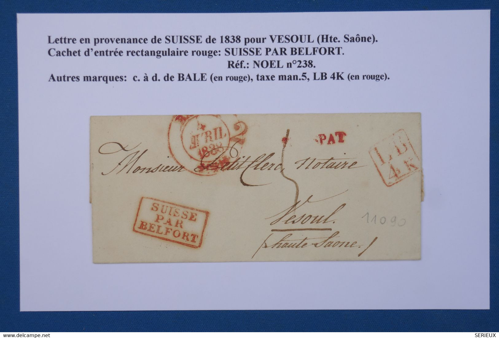 AX7 SUISSE   BELLE LETTRE 1838 BASEL   A  VESOUL  FRANCE  +++C  ROUGES ++++ AFFRANCH. INTERESSANT - ...-1845 Préphilatélie