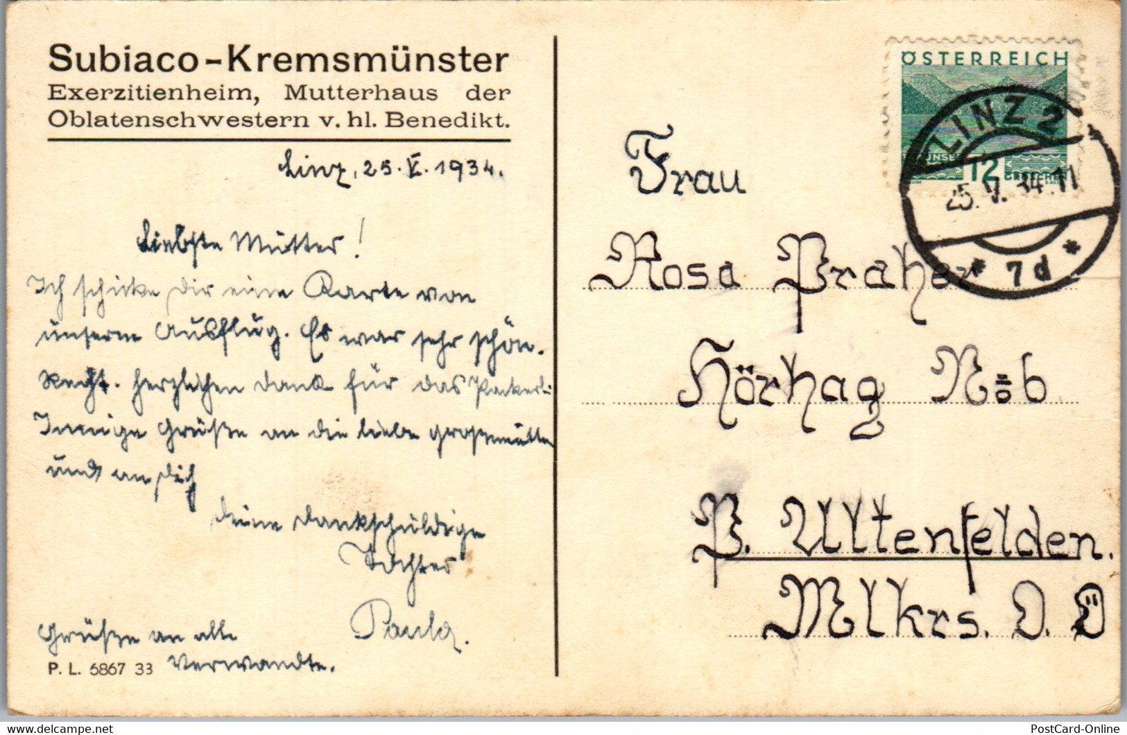 34682 - Oberösterreich - Kremsmünster , Subiaco , Exerzitienheim , Oblatenschwestern - Gelaufen 1934 - Kremsmünster