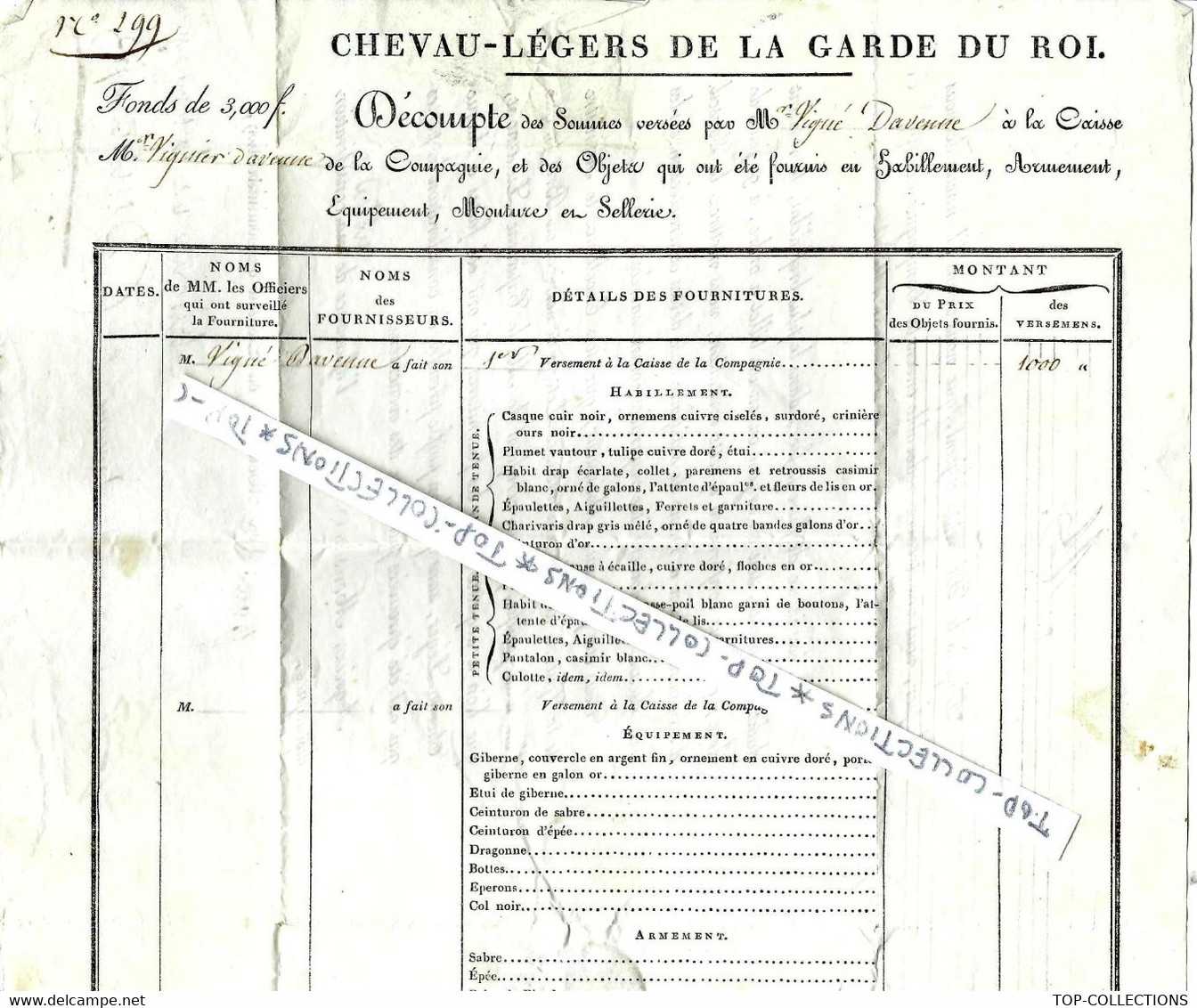 CAVALERIE  C.1805 Compagnie CHEVAU LEGERS DE LA GARDE DU ROI  Sans Date  Wignier D’Avesnes  Sommes Versées à La Cie - Documents Historiques