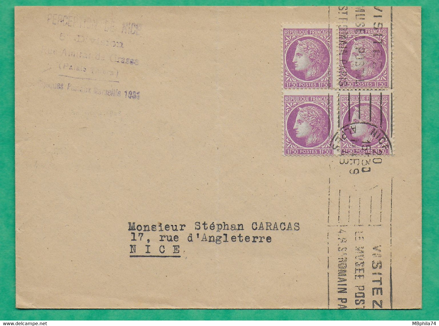 N°679 BLOC DE 4 CERES MAZELIN LETTRE PERCEPTION DE NICE ALPES MARITIMES POUR NICE 1948 LETTRE COVER FRANCE - 1945-47 Cérès De Mazelin