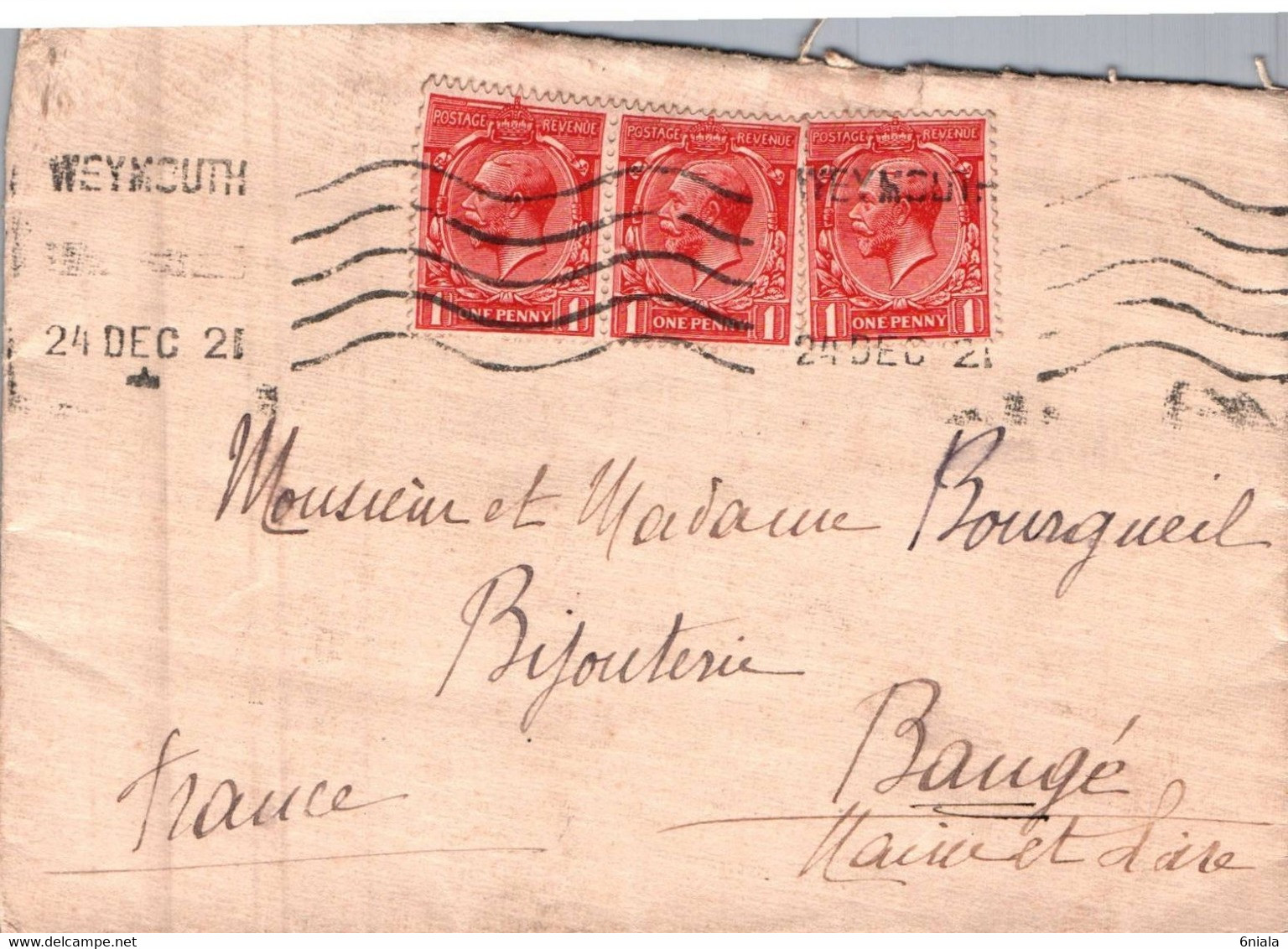 7704 LETTRE Grande Bretagne WEYMOUTH  Pour Baugé (49)   24 12 1921 Georges V   BOURGUEIL Bijouterie - Cartas & Documentos