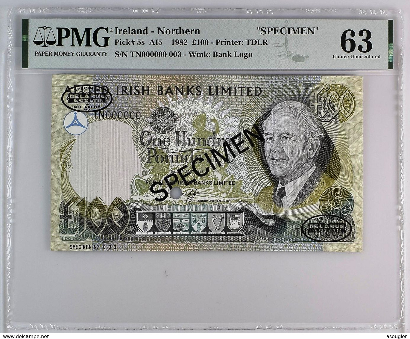 Ireland Northern 100 Pounds 1982 SPECIMEN PMG 63 UNC P-5s "free Shipping Via Registered Air Mail" - 100 Pounds