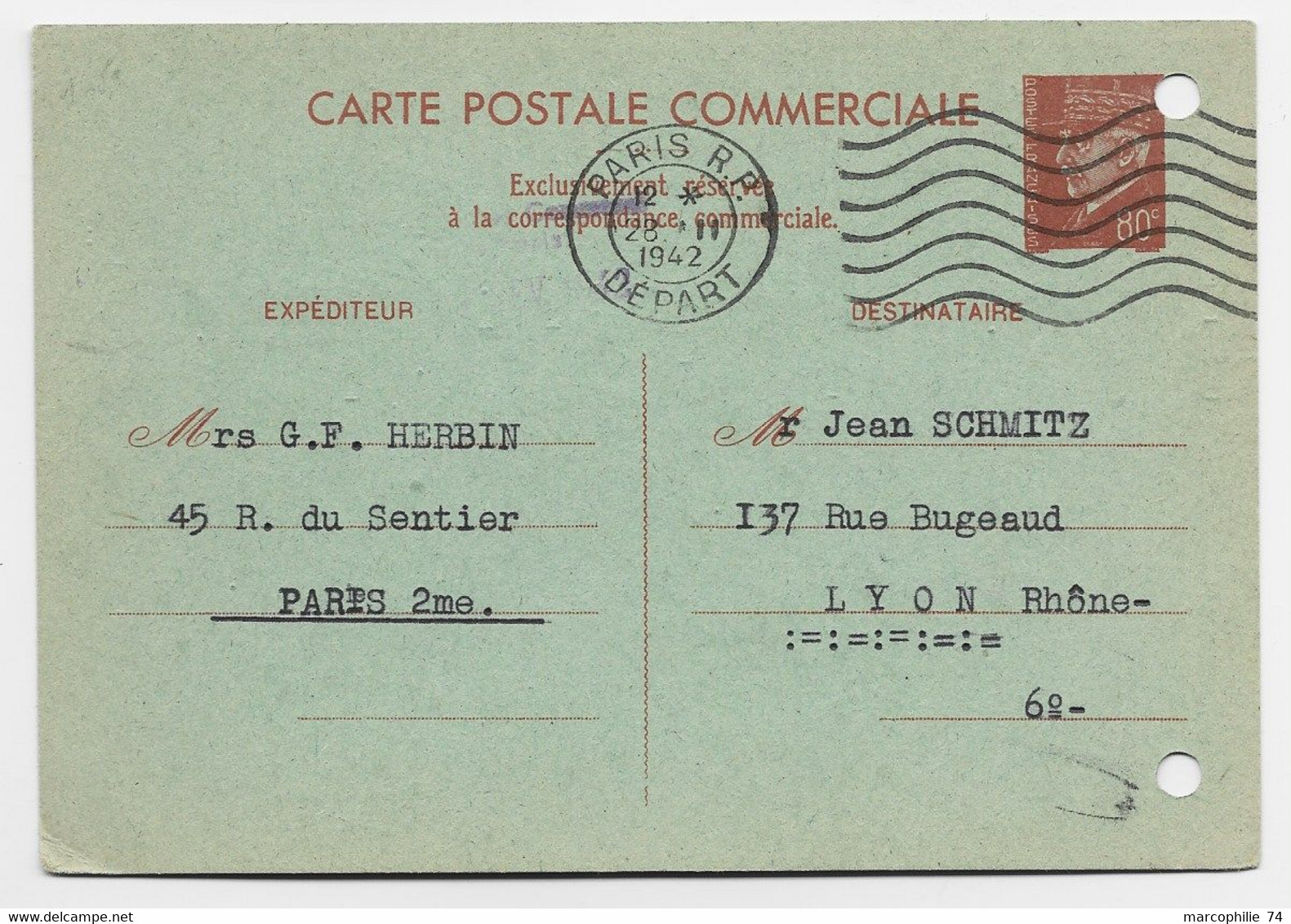 ENTIER PETAIN 80C CARTE COMMERCIALE TROUS D'ARCHIVE LEC PARIS RP DEPART 28.II.1942 DERNIER JOUR DU TARIF - Cartes Postales Types Et TSC (avant 1995)