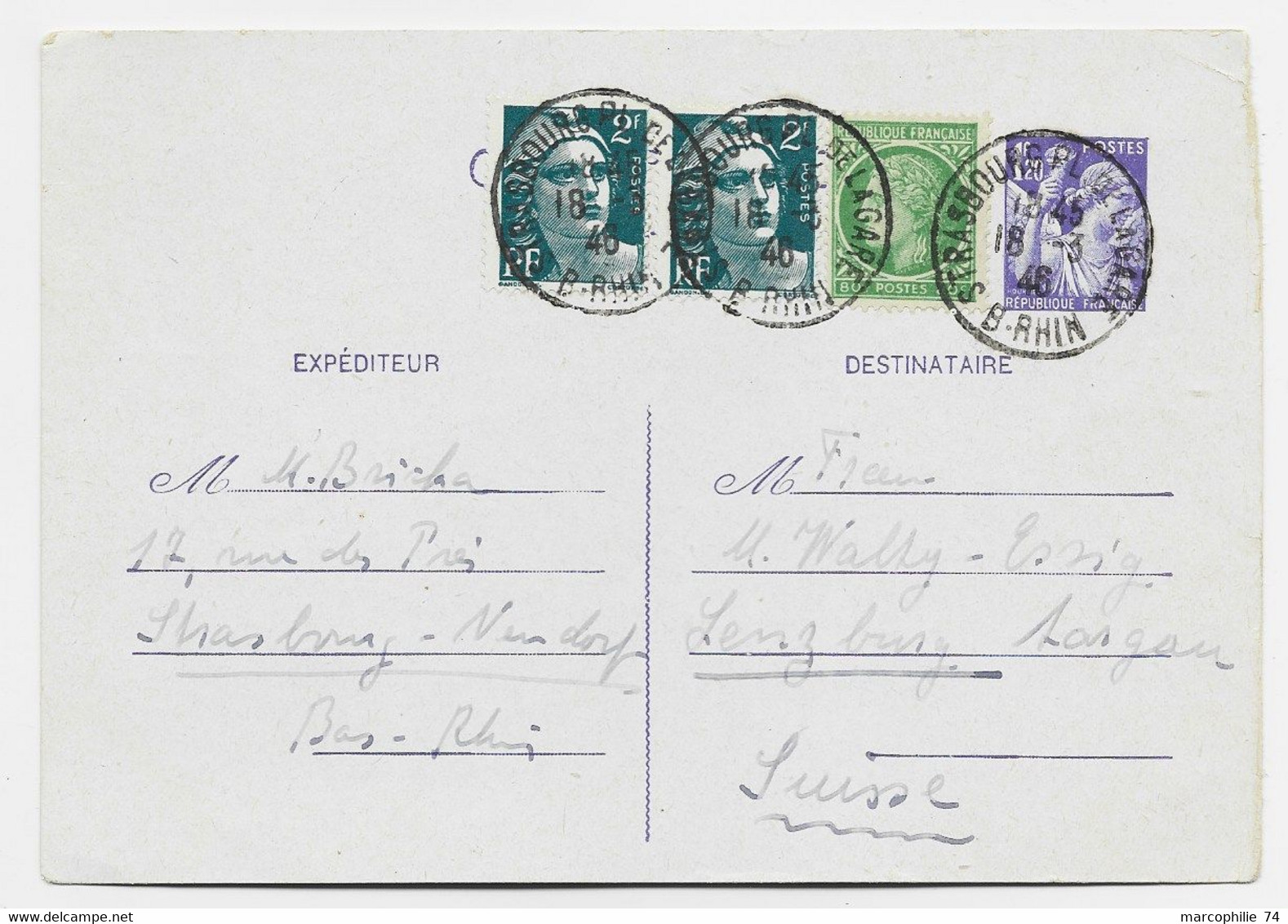 IRIS 1FR20 CP + GANDON 2FRX2 + 80C MAZELIN STRASBOURG 18.3.1946  POUR SUISSE AU TARIF - 1939-44 Iris