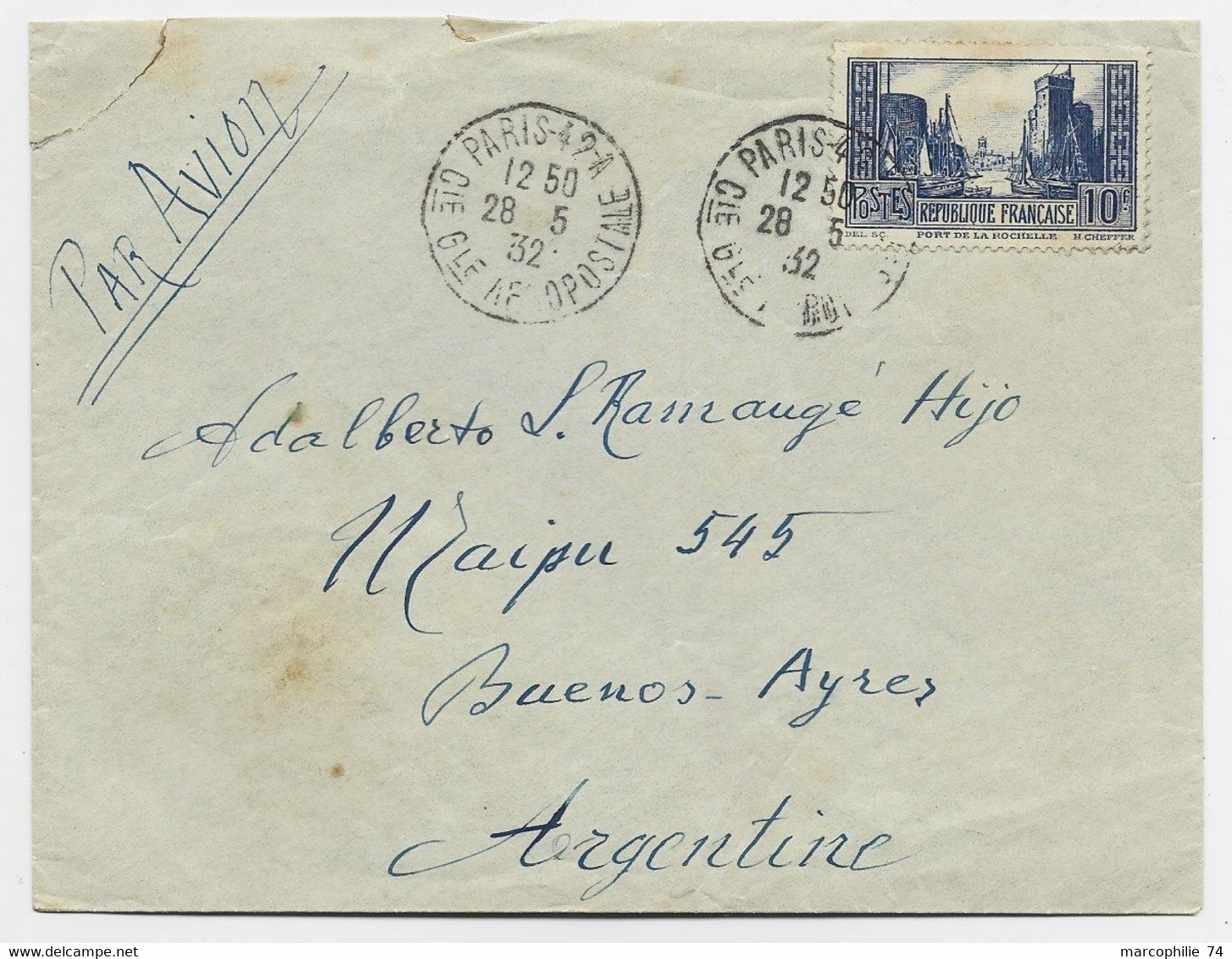 FRANCE N° 261 SEUL LETTRE AVION TIMBRE A CATE PARIS 42A CIE AEROPOSTALE 28.5.32 POUR ARGENTINE AU TARIF - 1960-.... Covers & Documents