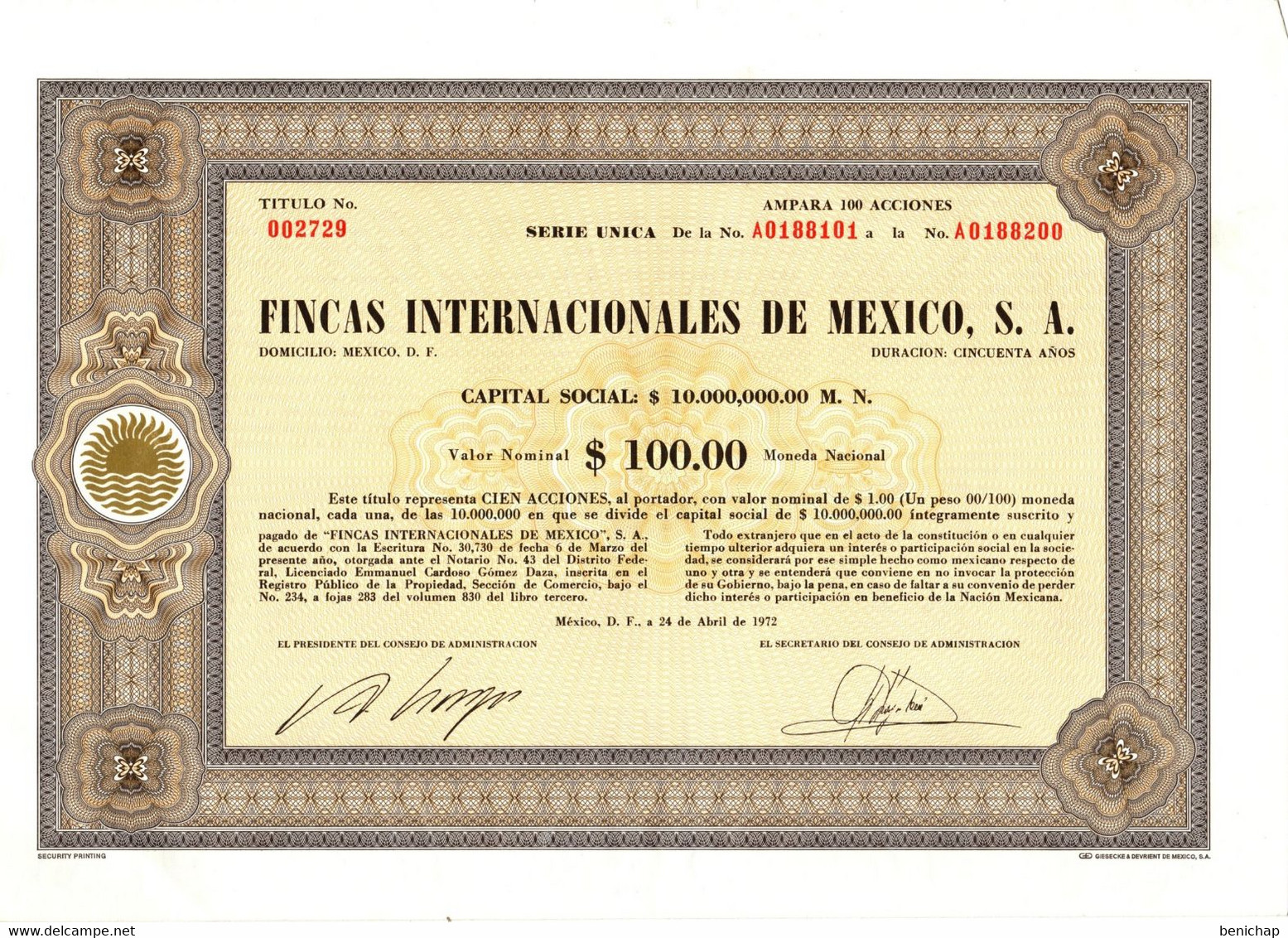 Mexicana - Fincas Internacionales De Mexico S.A. - Valor Nominal $ 100.00 Moneda Nacional - México Abril De 1972. - Banque & Assurance