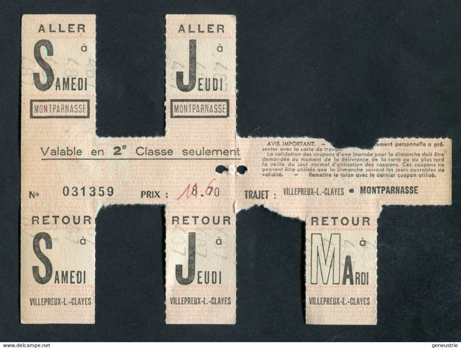 Ancienne Carte Hebdomadaire Tickets SNCF "Gare Montparnasse -> Villepreux-les-Clayes" - Europe