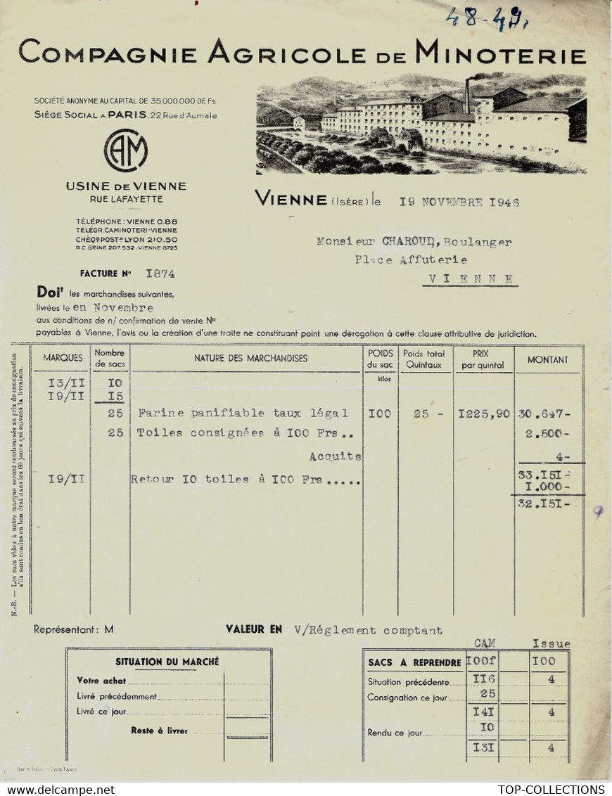 Meunerie Moulin Grains Farine 1945 Vienne (Isère) Cie Agricole De Minoterie Pour Charoud Boulanger Vienne B.E. - 1900 – 1949