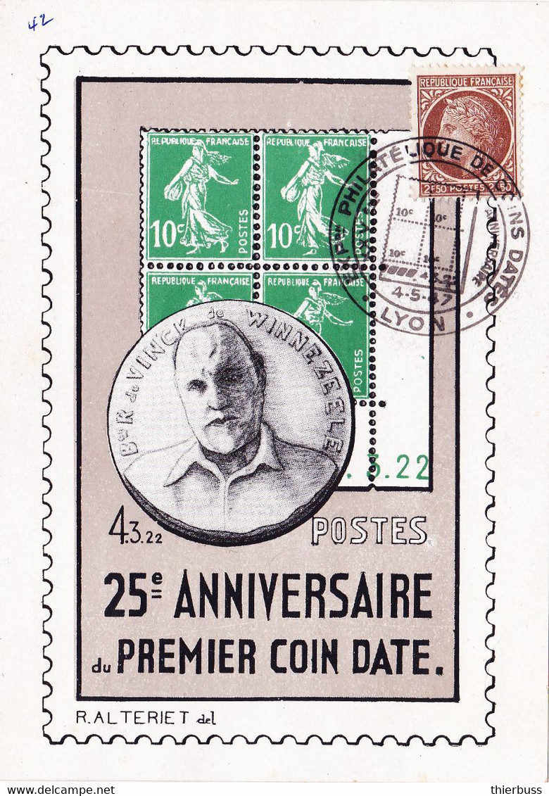 Carte 25 Ans Des Coins Datés Expo Philatelique Lyon 1947 Baron Vinck - 1945-47 Ceres De Mazelin