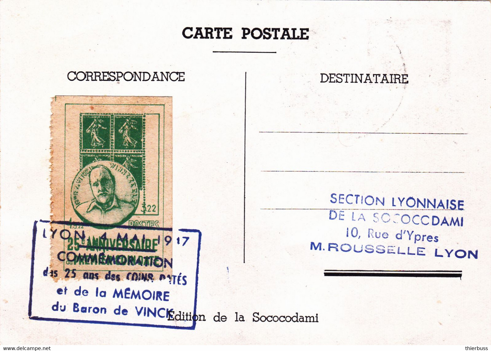 Carte 25 Ans Des Coins Datés Expo Philatelique Lyon 1947 Baron Vinck - 1945-47 Ceres (Mazelin)