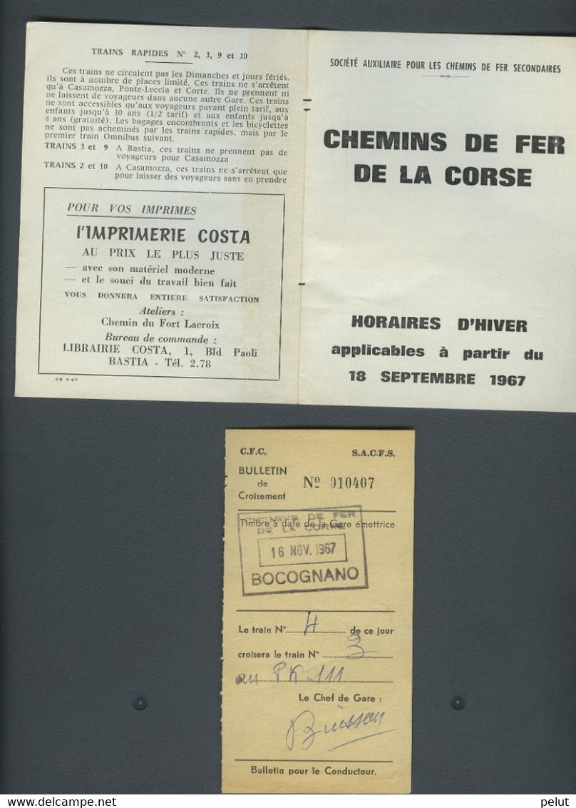 Horaires 1967 Chemins De Fer De La CORSE + Bulletin De Croisement Bocognano - Europe