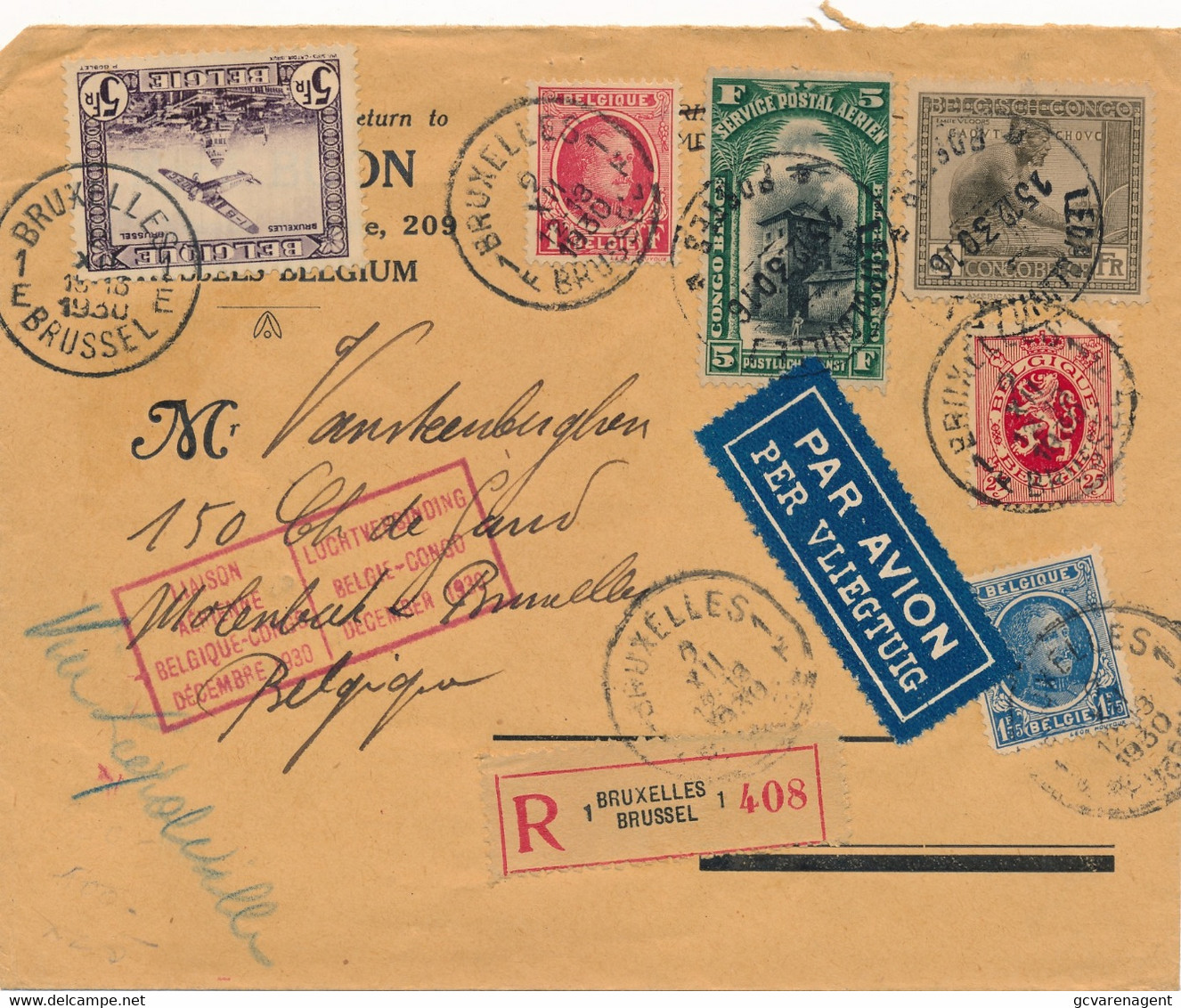 1930 RECOMMANDE BRUXELLES VIA LEOPOLDVILLE TO MOLENBEEK  BRUXELLES          2 SCANS - Storia Postale