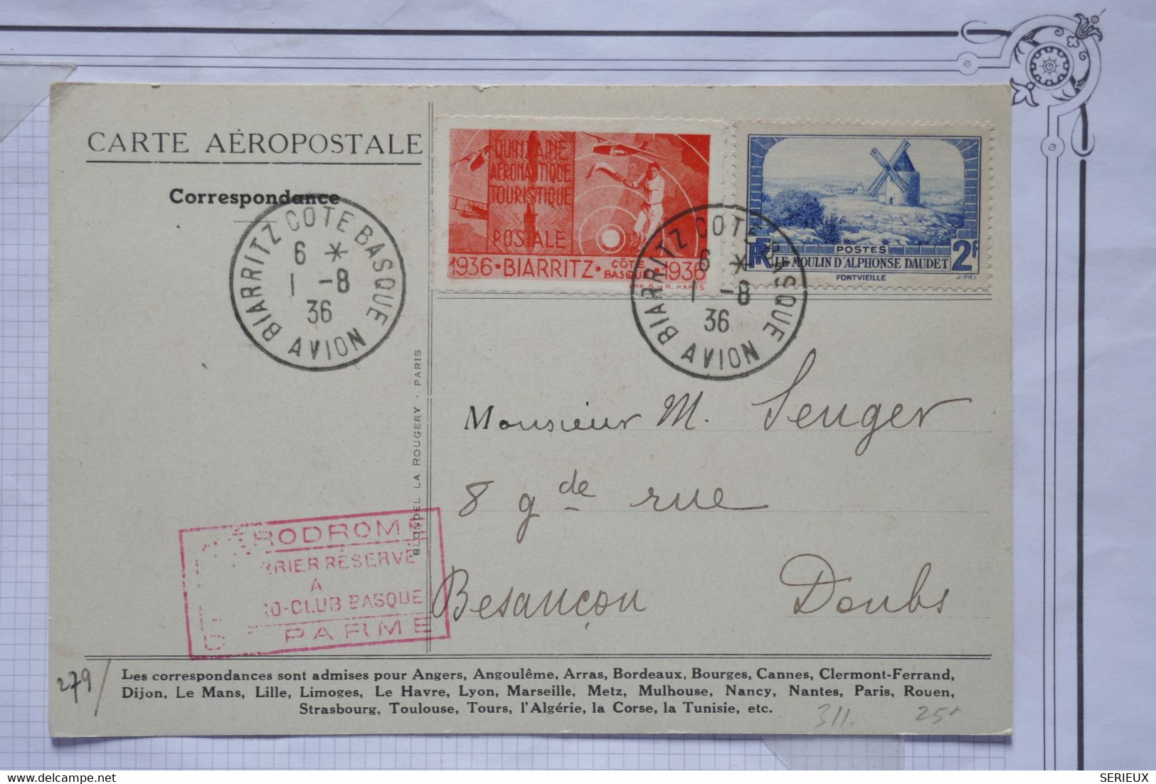 AX9 FRANCE BELLE CARTE  1936 BIARRITZ  A BESANCON +VIGNETTE +AEROPHILATELIE+++AFFRANCH. INTERESSANT - 1960-.... Covers & Documents