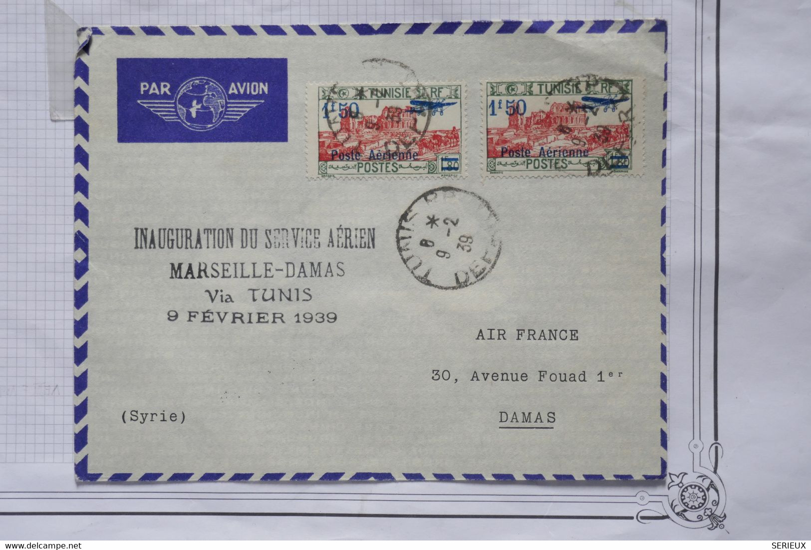 AX9 TUNISIE  BELLE LETTRE 1939 1ER VOL TUNIS MARSEILLE DAMAS SYRIE +AEROPHILATELIE+++AFFRANCH. INTERESSANT - Aéreo
