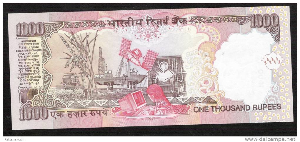 INDIA INDE P100h3 1000 RUPEES  2011 Letter R  Sign.20  UNC. NO P.h. !! RARE WITHOUT ANY P.h. !! - Inde