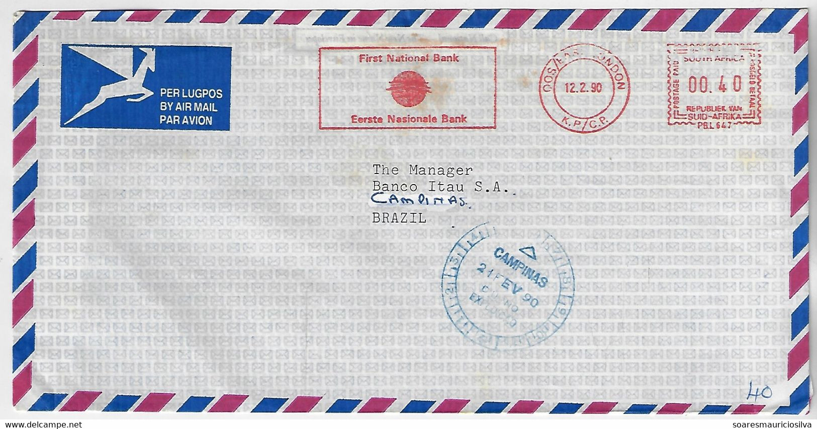 South Africa 1990 Airmail Cover Meter Stamp Slogan First National Bank From East London Logo Acacia Tree - Cartas & Documentos