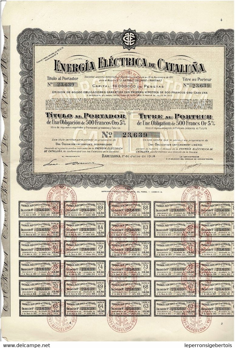 - Obligacion De 1914 - Energia Eléctrica De Cataluña - - Electricidad & Gas