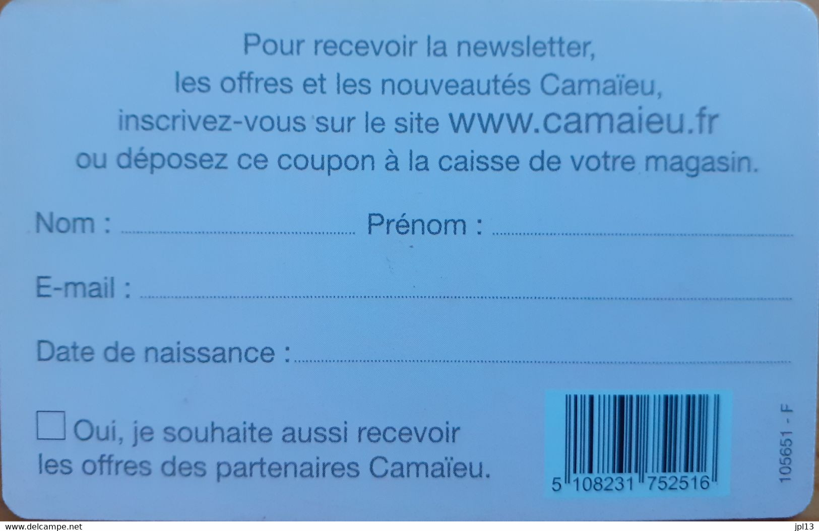 Carte Cadeau - France - Camaieu - Papier - Andere & Zonder Classificatie