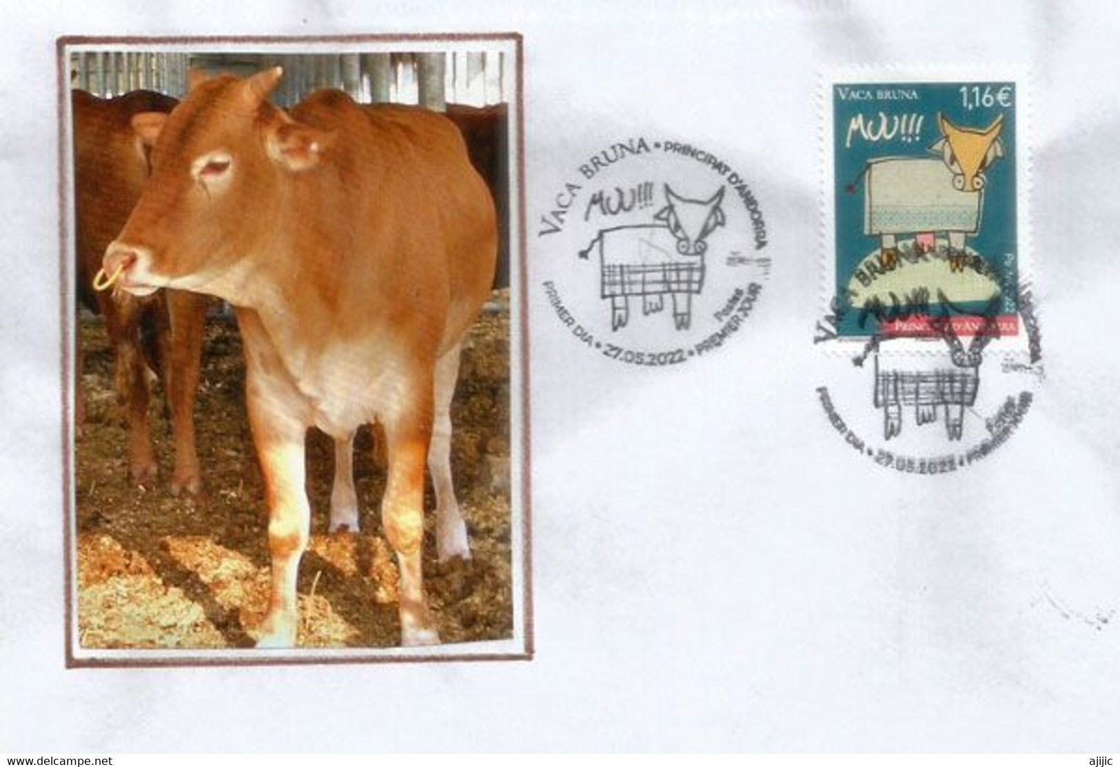 2022 ,La Vache Brune , La Vaca Marrón (Vaca Bruna)  FDC Andorra La Vella  27-05-2022 - Storia Postale