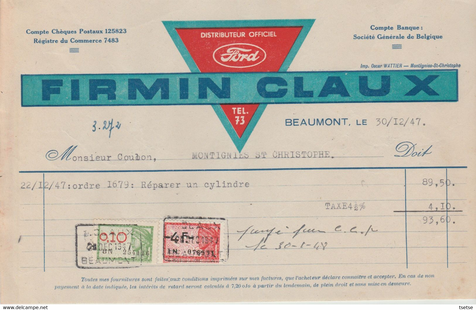 Facture / Document - Firmin Claux / Distributeur Voitures Ford - Beaumont -1948 - 1950 - ...