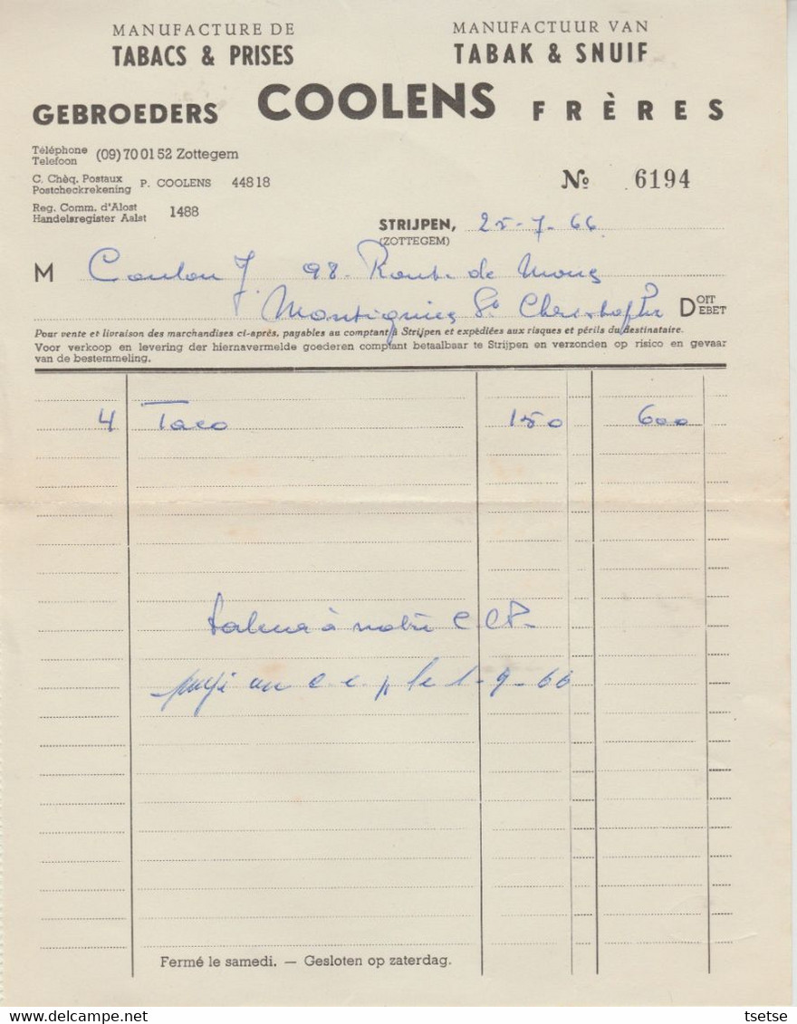 Facture / Document -  Coolens Gebroeders / Tabak & Snuif - Zottegem -1966 - 1950 - ...